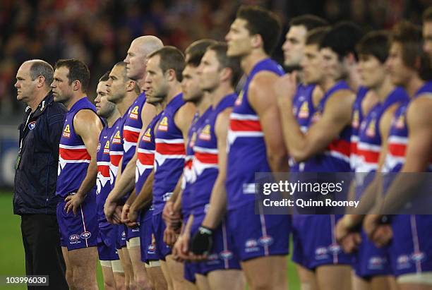 The Bulldogs stand for the national anthem during the AFL First Semi Final match between the Western Bulldogs and the Sydney Swans at Melbourne...