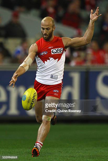 Jarrad McVeigh of the Swans kicks during the AFL First Semi Final match between the Western Bulldogs and the Sydney Swans at Melbourne Cricket Ground...