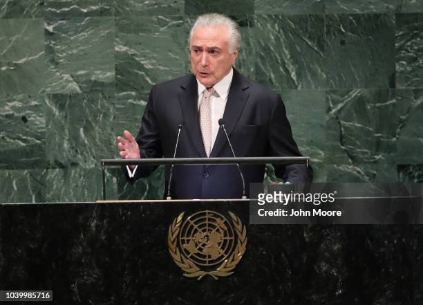 Brazilian President Michel Temer, addresses the 73rd Session of the General Assembly on September 25, 2018 in New York City. The United Nations...