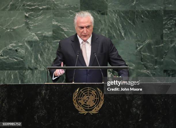 Brazilian President Michel Temer, addresses the 73rd session of the United Nations General Assembly on September 25, 2018 in New York City. The...