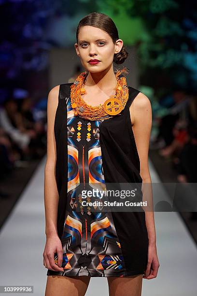 Model showcases designs by On Tour during the WA Designers Collection 2 catwalk show as part of Perth Fashion Week 2010 at Fashion Paramount on...