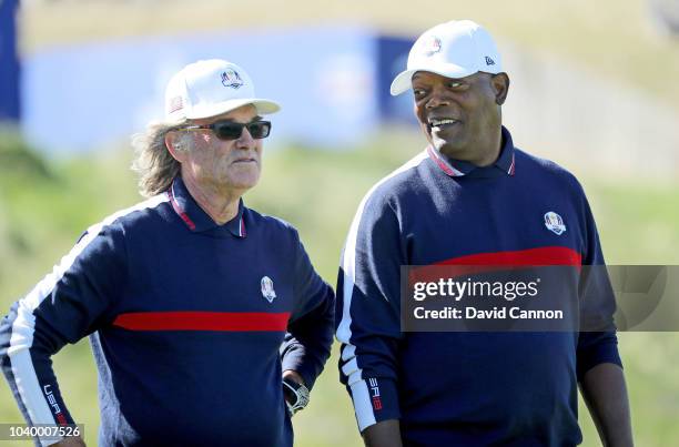 Kurt Russell the American actor with his partner Samuel L Jackson the American movie star during the Celebrity Challenge Match as a preview for the...