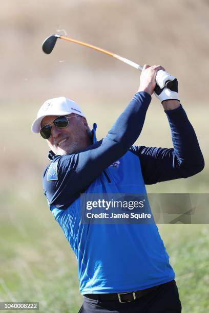 David Ginola of Team Europe plays a shot during the celebrity challenge match ahead of the 2018 Ryder Cup at Le Golf National on September 25, 2018...