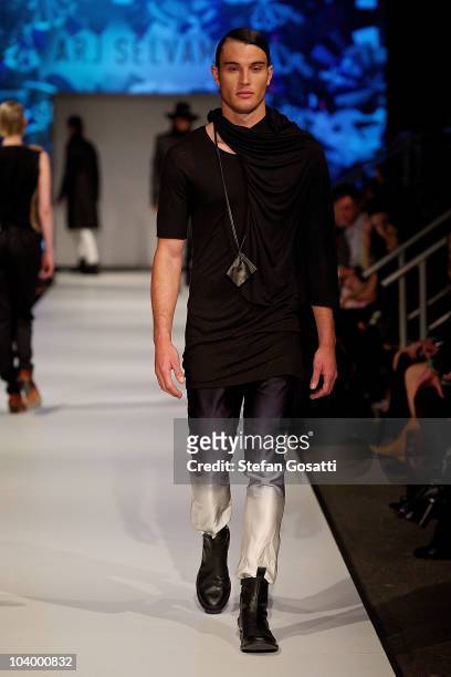 Model showcases designs by Arj Selvam during the WA Designers Collection 2 catwalk show as part of Perth Fashion Week 2010 at Fashion Paramount on...