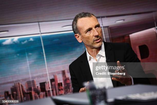 Emmanuel Faber, chief executive officer of Danone SA, speaks during a Bloomberg Television interview in New York, U.S., on Tuesday, Sept. 25, 2018....