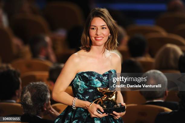 Director Sofia Coppola receives the Golden Lion award for Best Director for the film 'Somewhere' during the Closing Ceremony of the 67th Venice...