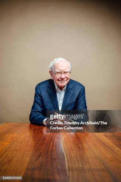 Of Berkshire Hathaway, Warren Buffett is photographed for Forbes Magazine at the Forbes Philanthropy Summit on May 30, 2018 in San Francisco,...