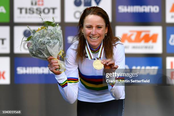 Podium / Annemiek Van Vleuten of The Netherlands Gold Medal / Celebration / during the Women Elite Individual Time Trial a 27,8km race from Wattens...