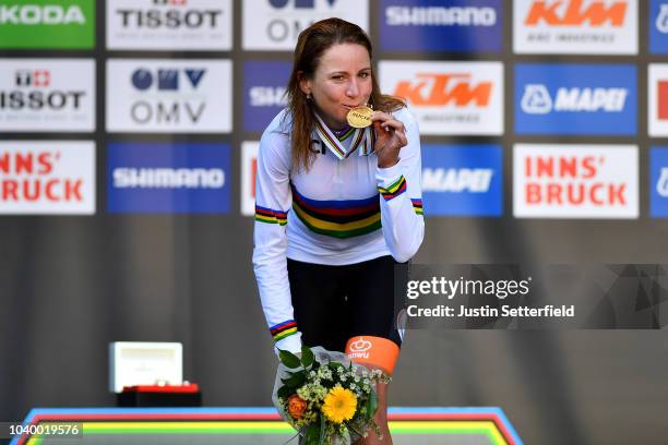 Podium / Annemiek Van Vleuten of The Netherlands Gold Medal / Celebration / during the Women Elite Individual Time Trial a 27,8km race from Wattens...