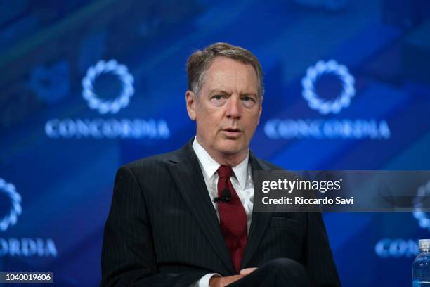 United States Trade Representative at the Executive Office of the President Amb. Robert Lighthizer speaks onstage during the 2018 Concordia Annual...