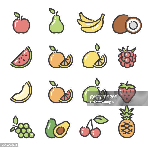 früchte - linie kunst ikonen-set 1 - obst stock-grafiken, -clipart, -cartoons und -symbole