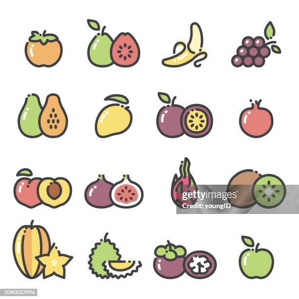 illustrations, cliparts, dessins animés et icônes de fruits - set d’icônes de l’art ligne 2 - mangue