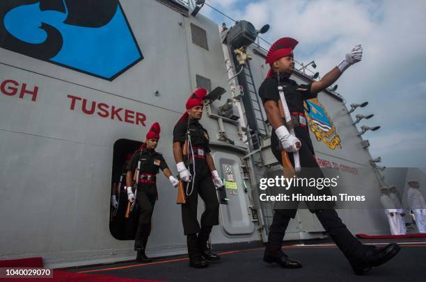 Jammu and Kashmir Light Infantry Regiment performs on the deck INS Kochi during affiliation ceremony of INS Kochi with JAK LI at Naval Dockyard, on...