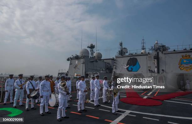 Indian Navy Band performs on the deck INS Kochi during affiliation ceremony of INS Kochi with JAK LI at Naval Dockyard, on September 24, 2018 in...