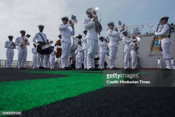 Indian Navy Band performs on the deck INS Kochi during affiliation ceremony of INS Kochi with JAK LI at Naval Dockyard, on September 24, 2018 in...