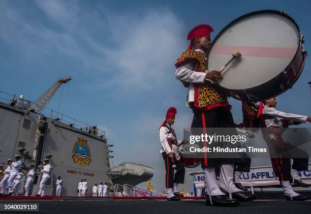 Indian Navy Band performs on the deck INS Kochi during affiliation ceremony of INS Kochi with JAK LI at Naval Dockyard, on September 24, 2018 in...