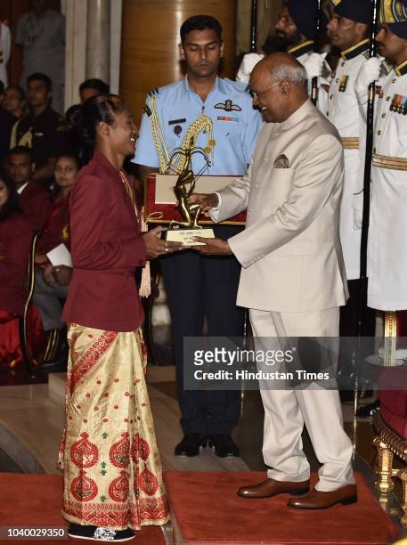 Athletics Hima Das receives Arjuna Award 2018 for his achievements in Athletics from President Ramnath Kovind during the National Sports and...