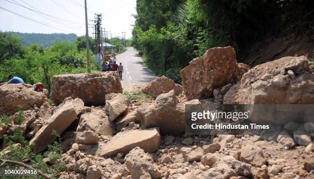 View of the damaged road due to a landslide on the outskirts of Jammu, on September 25, 2018 in Jammu, India.