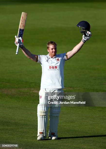 Simon Harmer of Essex celebrates his century during day two of the Specsavers County Championship Division One match between Surrey and Essex at The...