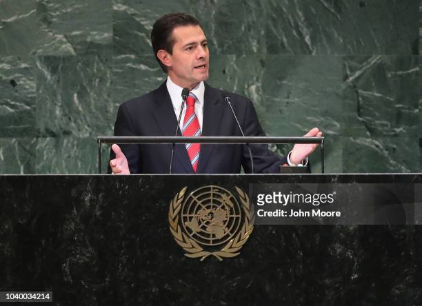 President of Mexico Enrique Pena Nieto addresses the United Nations General Assembly on September 25, 2018 in New York City. World leaders gathered...