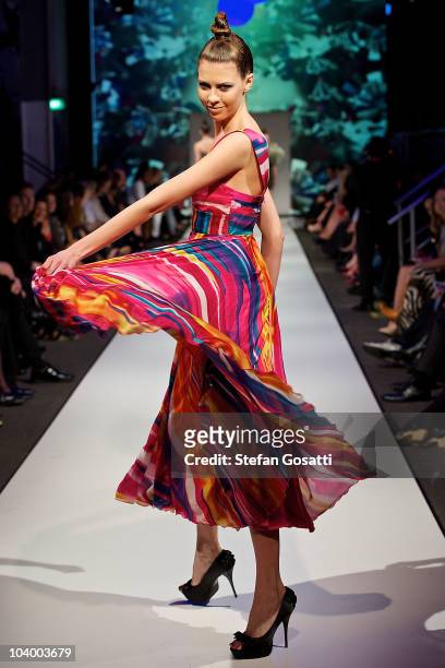 Model showcases designs by Liz Davenport during the WA Designers Collection 1 catwalk show as part of Perth Fashion Week 2010 at Fashion Paramount on...