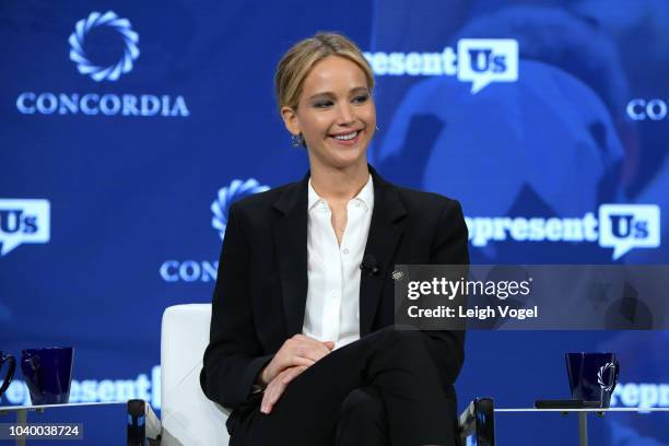 Actor and Board Member of RepresentUs Jennifer Lawrence speaks onstage during the 2018 Concordia Annual Summit - Day 2 at Grand Hyatt New York on...