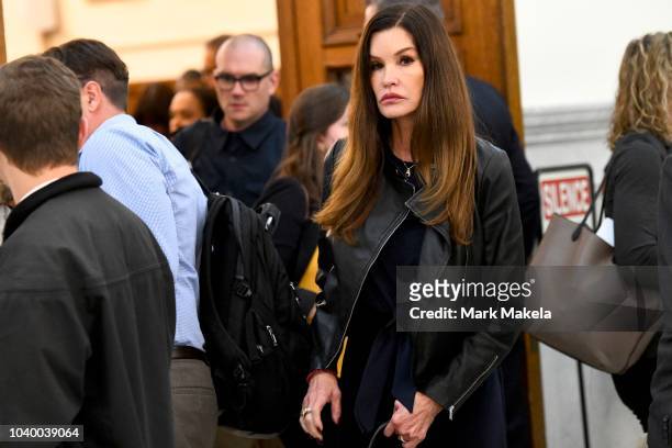 Bill Cosby accuser model Janice Dickinson exits the courtroom for lunch at the Montgomery County Courthouse on the second day of sentencing in Bill...