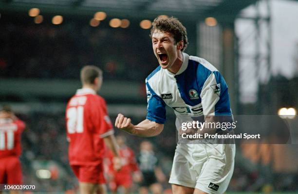 Chris Sutton of Blackburn Rovers celebrates after scoring during the FA Carling Premiership match between Blackburn Rovers and Liverpool at Ewood...