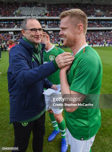 Cork , Ireland - 25 September 2018; Republic of Ireland & Celtic Legends manager Martin O'Neill and Damien Duff following the Liam Miller Memorial...