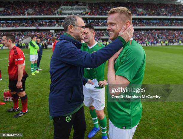 Cork , Ireland - 25 September 2018; Republic of Ireland & Celtic Legends manager Martin O'Neill and Damien Duff following the Liam Miller Memorial...