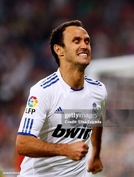 Ricardo Carvalho or Real Madrid celebrates after scoring during the La Liga match between Real Marid and Osasuna at Estadio Santiago Bernabeu on...