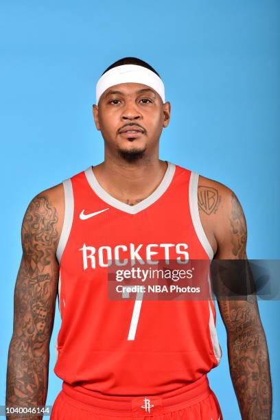 Carmelo Anthony of the Houston Rockets poses for a head shot during Media Day on September 24, 2018 at the Toyota Center in Houston, Texas. NOTE TO...