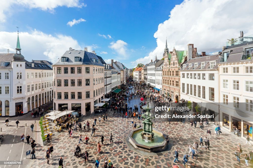 Amagertorv town square in Copenhagen on a sunny day, high angle view, Denmark