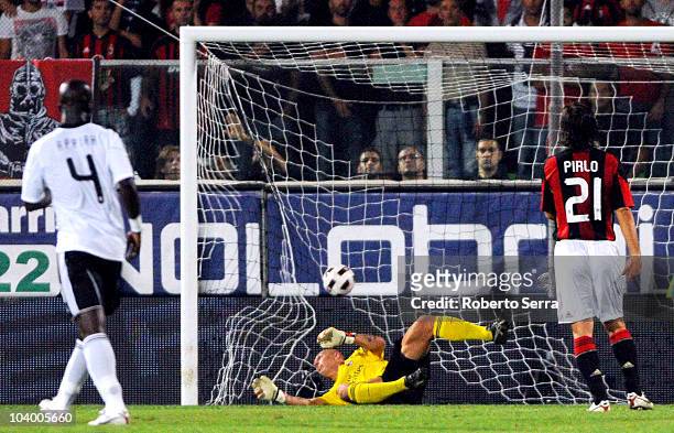 Christian Abbiati goal keeper of Milan is beaten by Erjon Bogdani of Cesena during the Serie A match betweenaen Cesena and Milan at Dino Manuzzi...