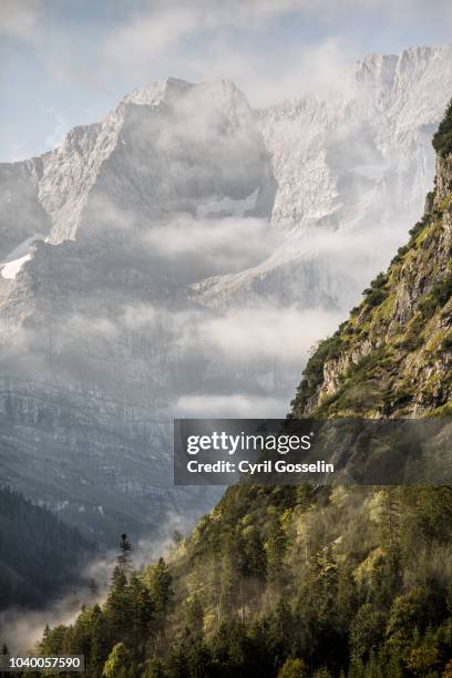 fog-covered eiskarlspitze and gamsjoch - karwendel mountains stock pictures, royalty-free photos & images