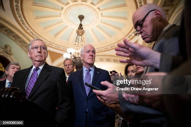 Senate Majority Leader Mitch McConnell and Senate Majority Whip John Cornyn address reporters following their weekly policy luncheon on Capitol Hill,...