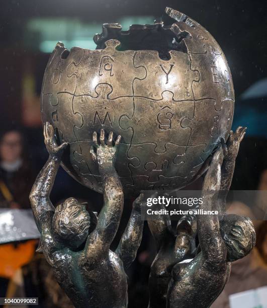 The world's first Wikipedia monument by Armenian sculptor Mihran Hakobyan is unveiled in the border town near Frankfurt Oder in Slubice, Poland, 22...