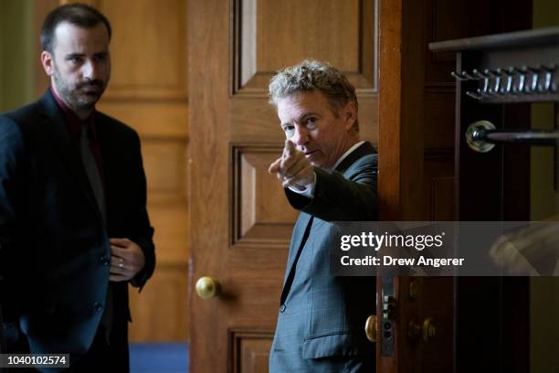 Sen. Rand Paul arrives for the weekly GOP policy luncheon on Capitol Hill, September 25, 2018 in Washington, DC. Christine Blasey Ford, who has...