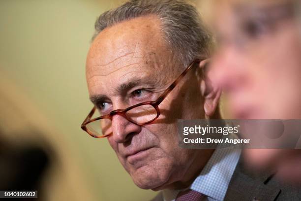 Senate Minority Leader Chuck Schumer speaks to reporters following the weekly Democratic policy luncheon on Capitol Hill, September 25, 2018 in...