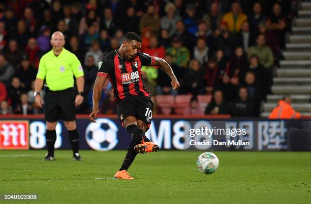 Jordon Ibe of AFC Bournemouth scores his side's second goal from the penalty spot during the Carabao Cup Third Round match between AFC Bournemouth...