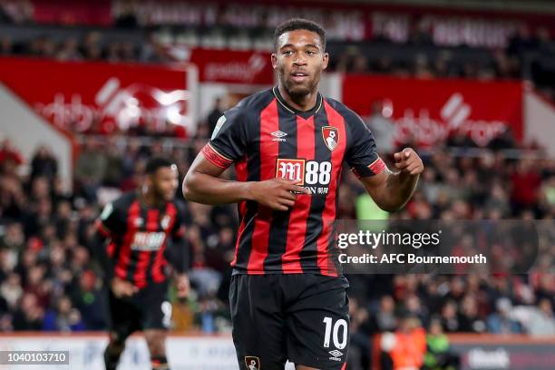 Jordon Ibe of Bournemouth celebrates after he scores from the spot to make it 2-0 during the Carabao Cup Third Round match between AFC Bournemouth...