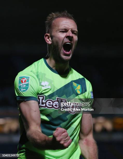 Jordan Rhodes of Norwich celebrates after scoring their fourth goal during the Carabao Cup Third Round match between Wycombe Wanderers and Norwich...