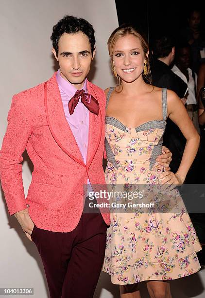 Designer Zac Posen and Kristin Cavallari pose for pictures backstage after attending the Z Spoke by Zac Posen Spring 2011 fashion show during...