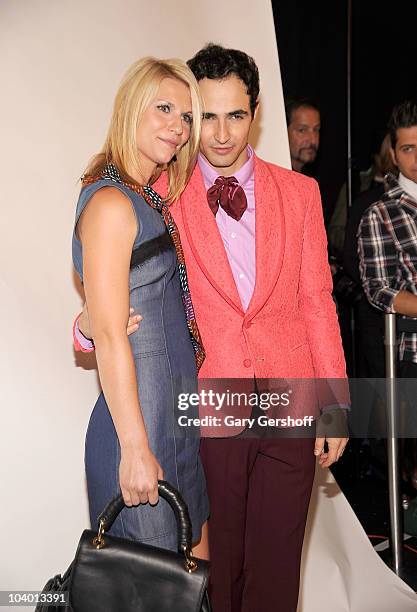 Actress Claire Danes and designer Zac Posen pose for pictures backstage after attending the Z Spoke by Zac Posen Spring 2011 fashion show during...