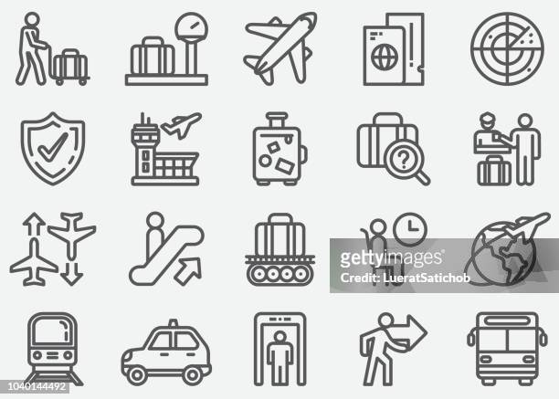 ilustrações, clipart, desenhos animados e ícones de aeroporto e ícones de linha de transporte - pessoa do check in