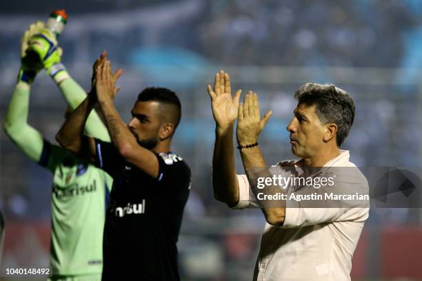 Renato Gaucho coach of Gremio greets the fans after winning a quarter final first leg match between Atletico Tucuman and Gremio as part of Copa...