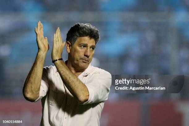 Renato Gaucho coach of Gremio greets the fans after winning a quarter final first leg match between Atletico Tucuman and Gremio as part of Copa...