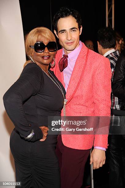 Janice Combs and designer Zac Posen pose for pictures backstage after attending the Z Spoke by Zac Posen Spring 2011 fashion show during...