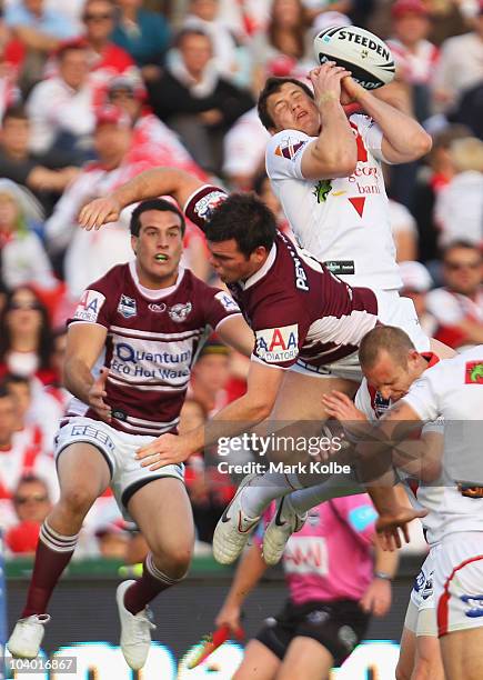 Brett Morris of the Dragons wins the high ball during the NRL Fourth Qualifying Final match between the St George Illawarra Dragons and the Manly...