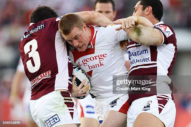 Ben Creagh of the Dragons takes on the defence during the NRL Fourth Qualifying Final match between the St George Illawarra Dragons and the Manly...